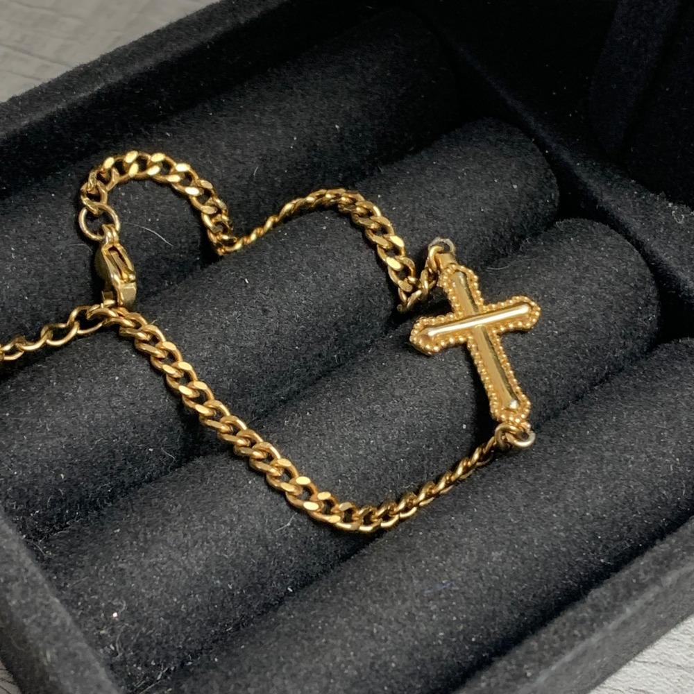 Giulia Amato x EVRIS Gold Tone Cross Bracelet Curb Chain Italian Horn Charm